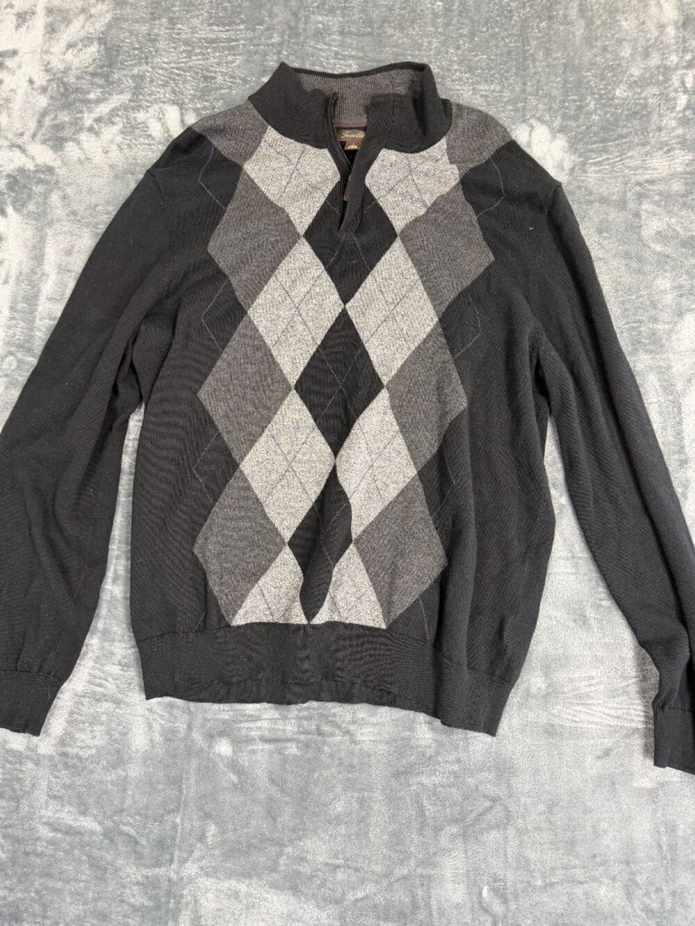 Tasso Elba Mens Argyle Quarter Zip Sweater Black Gray Cotton Size L
